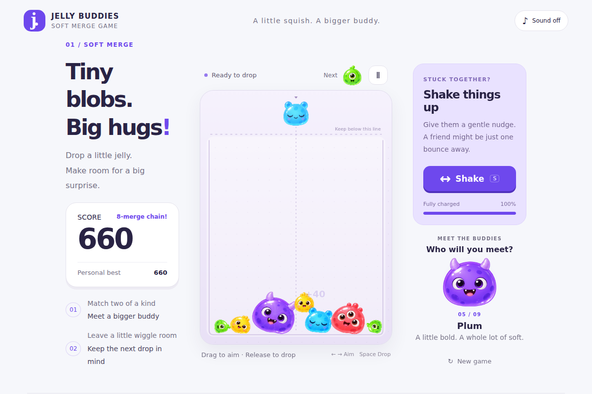 Colorful Jelly Buddies creatures in a soft-body merge game with a score of 660