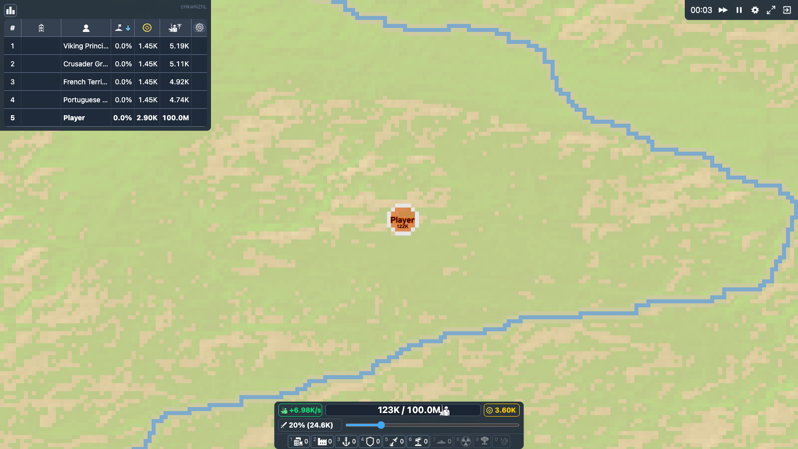 Realmspan Europe single-player match with the leaderboard, terrain map and full gameplay HUD