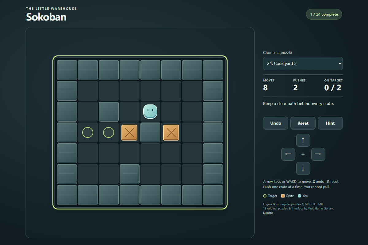 Sokoban Courtyard 3 warehouse puzzle after eight keyboard moves, with two amber crates and green targets
