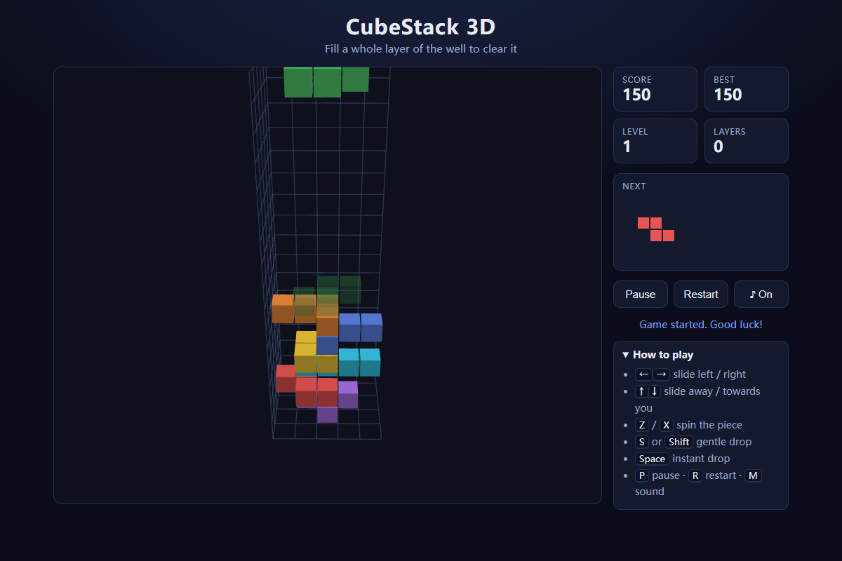 CubeStack 3D gameplay showing a colored block stack, falling piece, ghost position, and next-piece panel