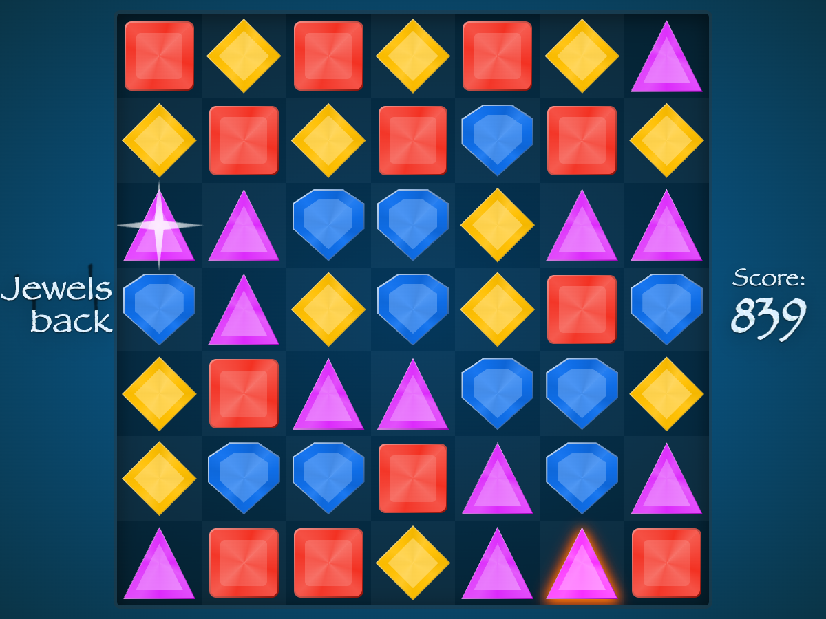 A new seven-by-seven Jewelsback board with star and fire jewels and score 839