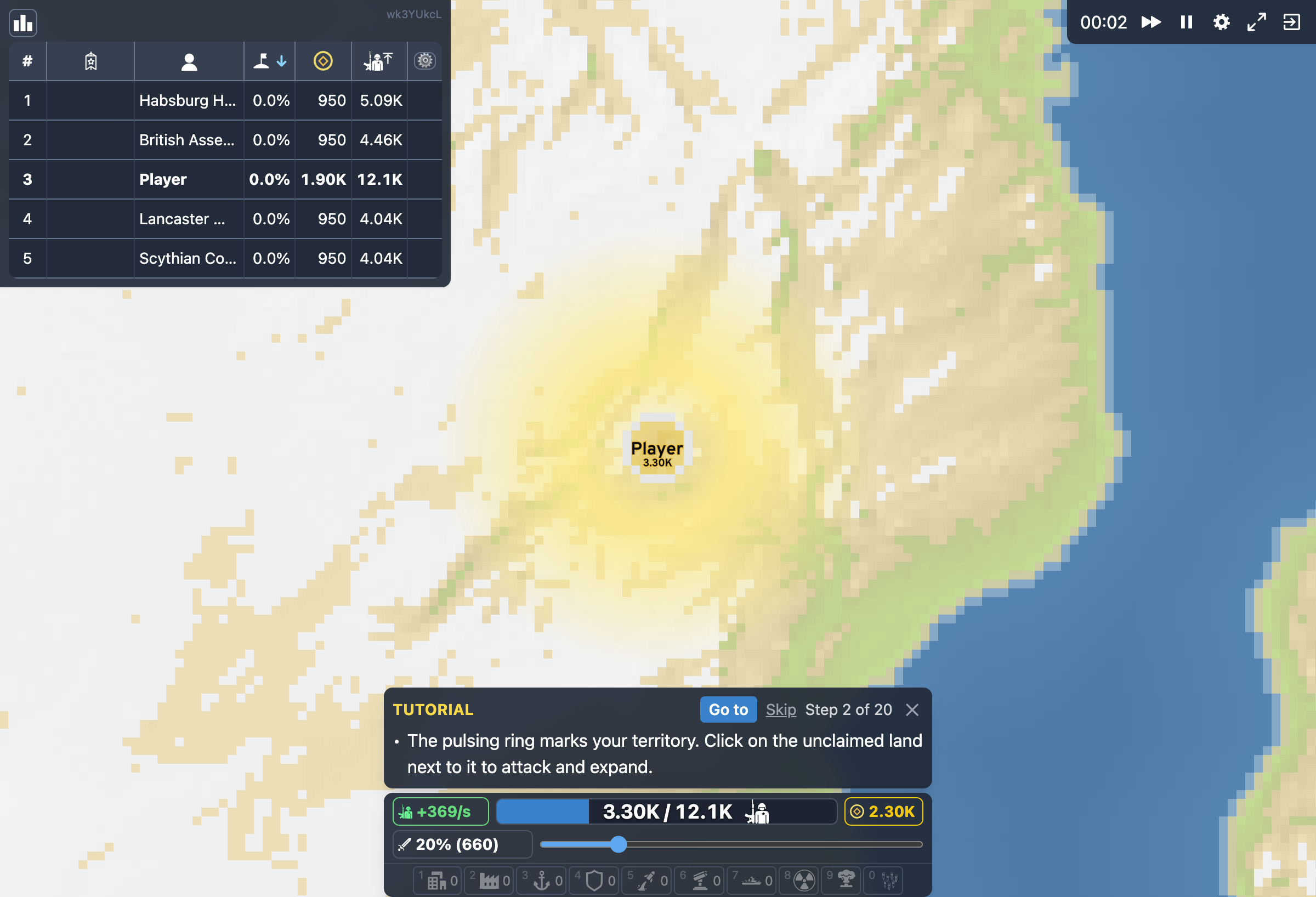 Realmspan local match showing the territory map, resource information, rankings, and bottom strategy controls.